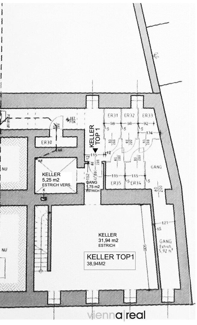 Detailansicht des Grundrisses zeigt Kellerbereiche mit genauen Flächenangaben und Zugang.
