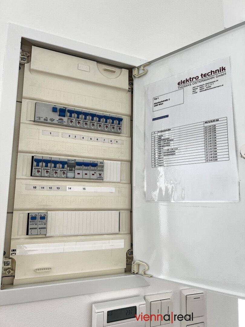 Offener Sicherungskasten mit Beschriftung und elektrischen Komponenten an der Wand.