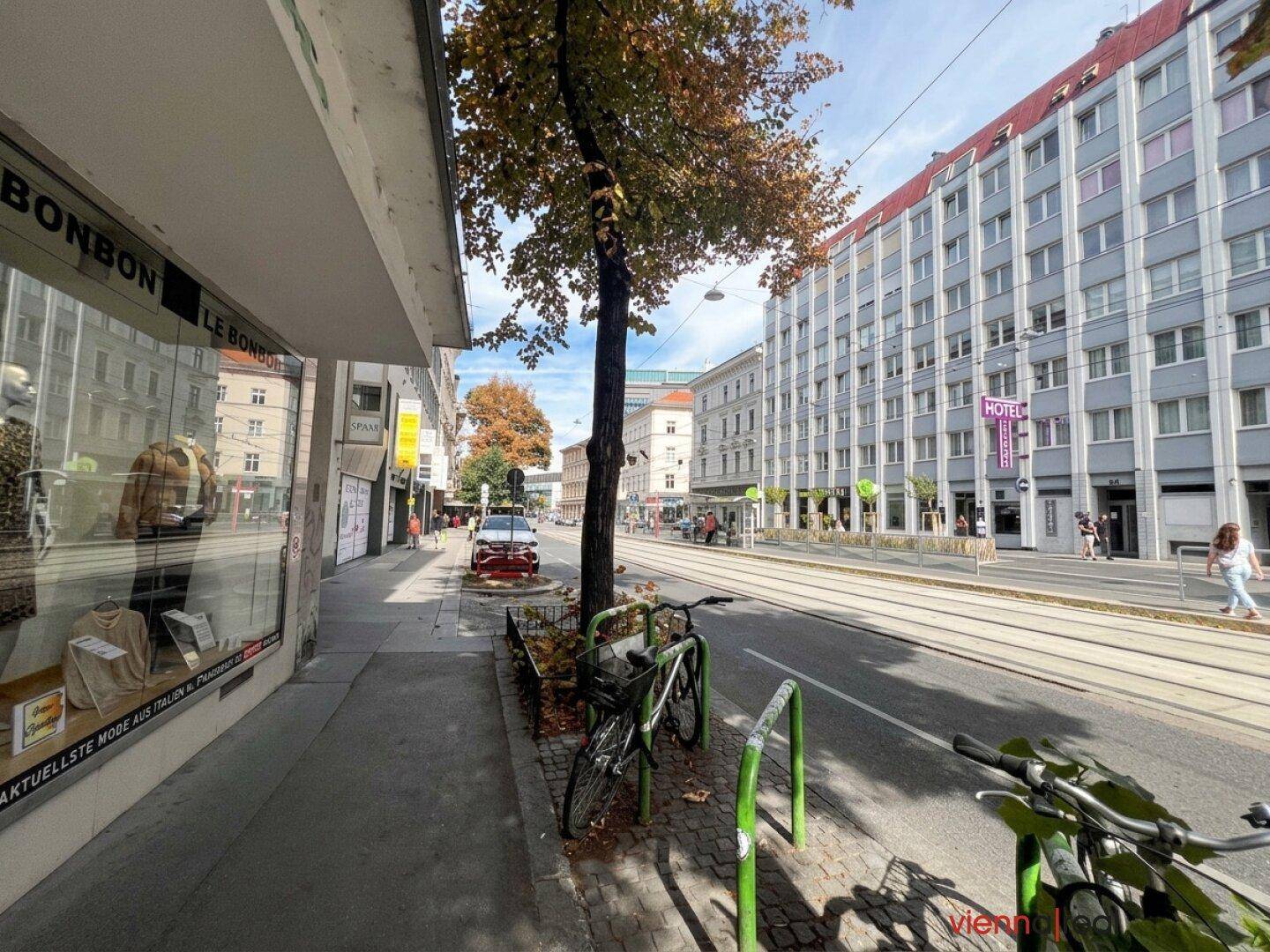 Straßenansicht mit Geschäften, Bäumen und Fahrrädern am sonnigen Straßenrand.