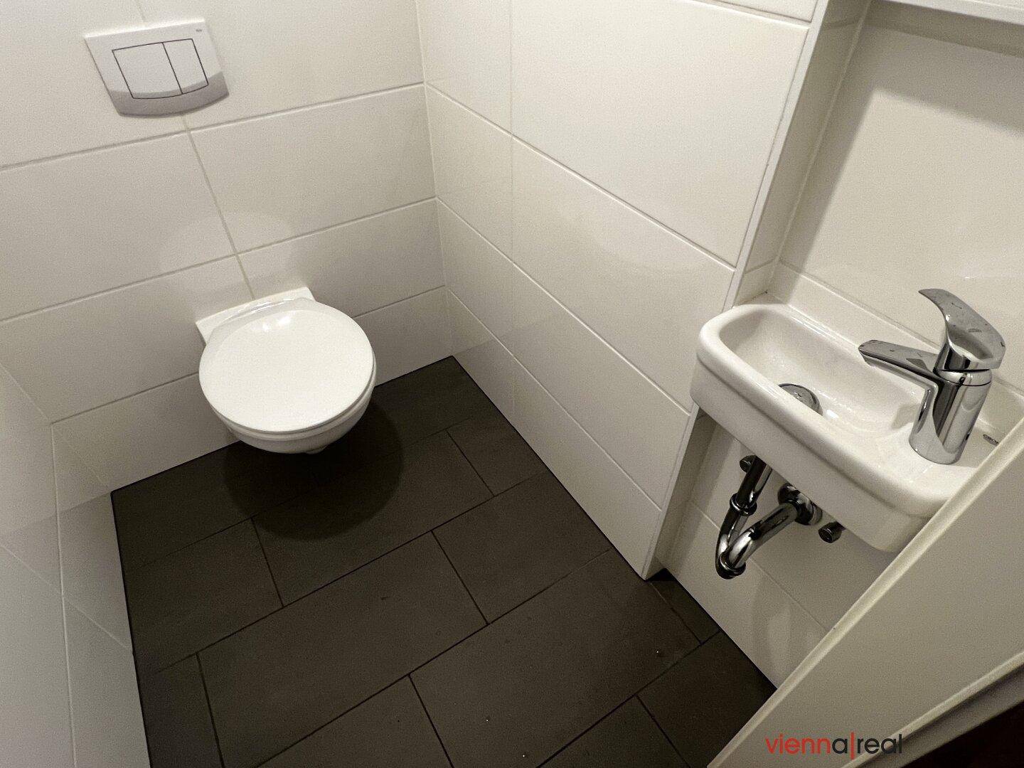 Nahaufnahme des Gäste-WCs mit Toilette, kleinem Waschbecken und dunklen Bodenfliesen.