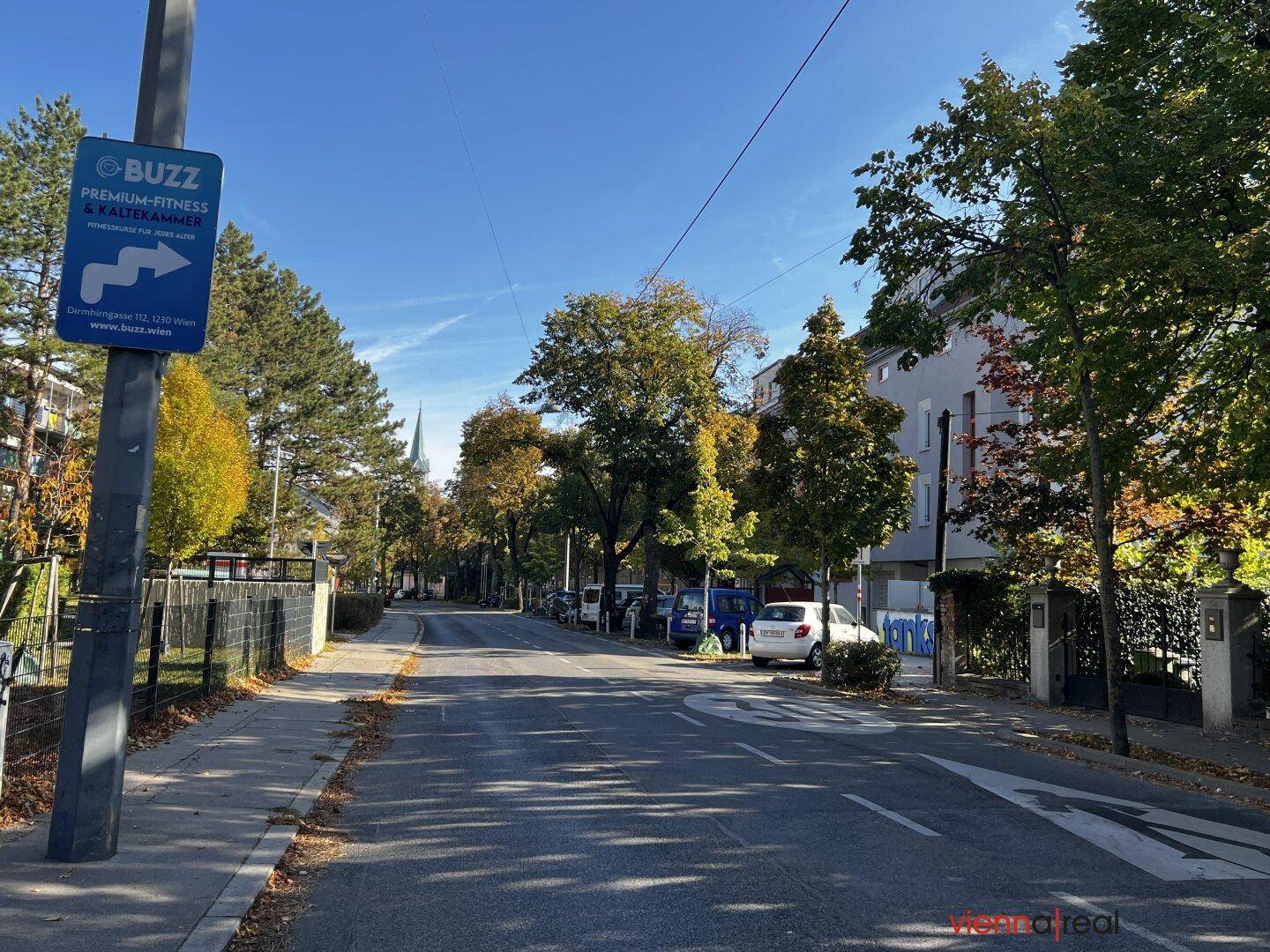 Wohnstraße mit geparkten Autos, Bäumen und einem Hinweisschild unter blauem Himmel.