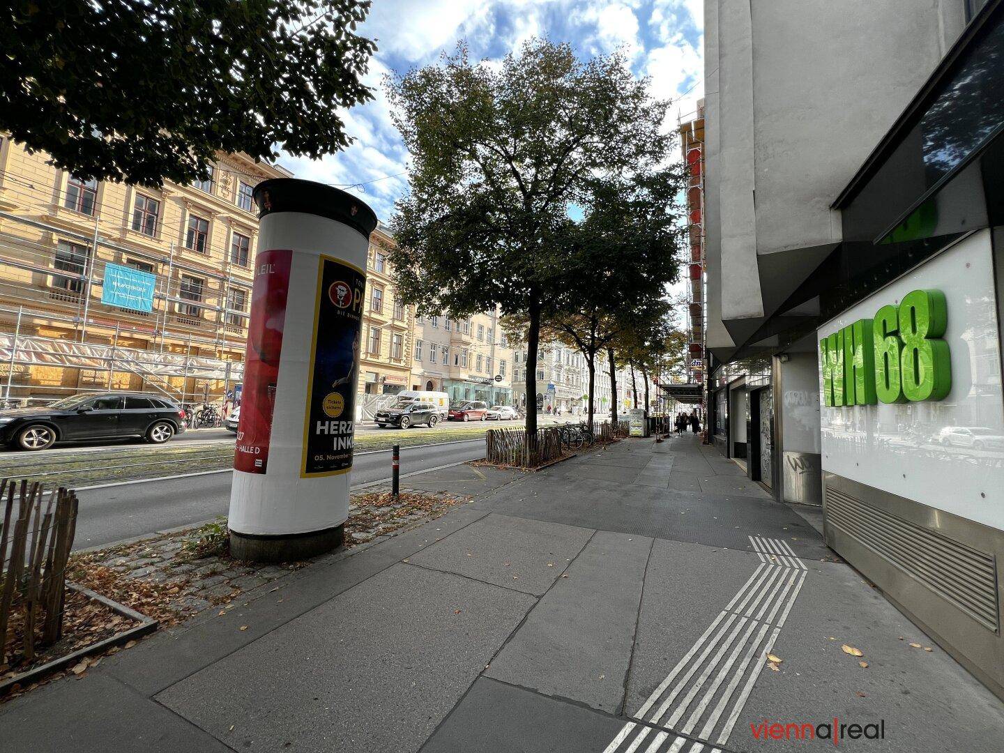 Stadtstraße mit Bürgersteig, Bäumen und Gebäuden im Hintergrund.