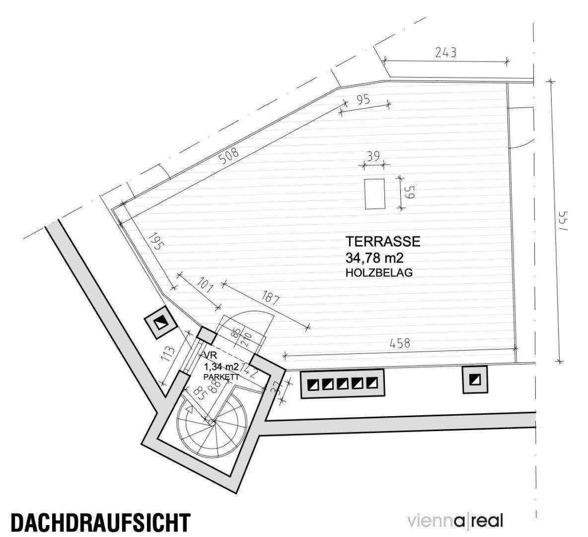 Dachaufsicht mit einer großen Terrasse von 34,78 m² und Holzbelag.