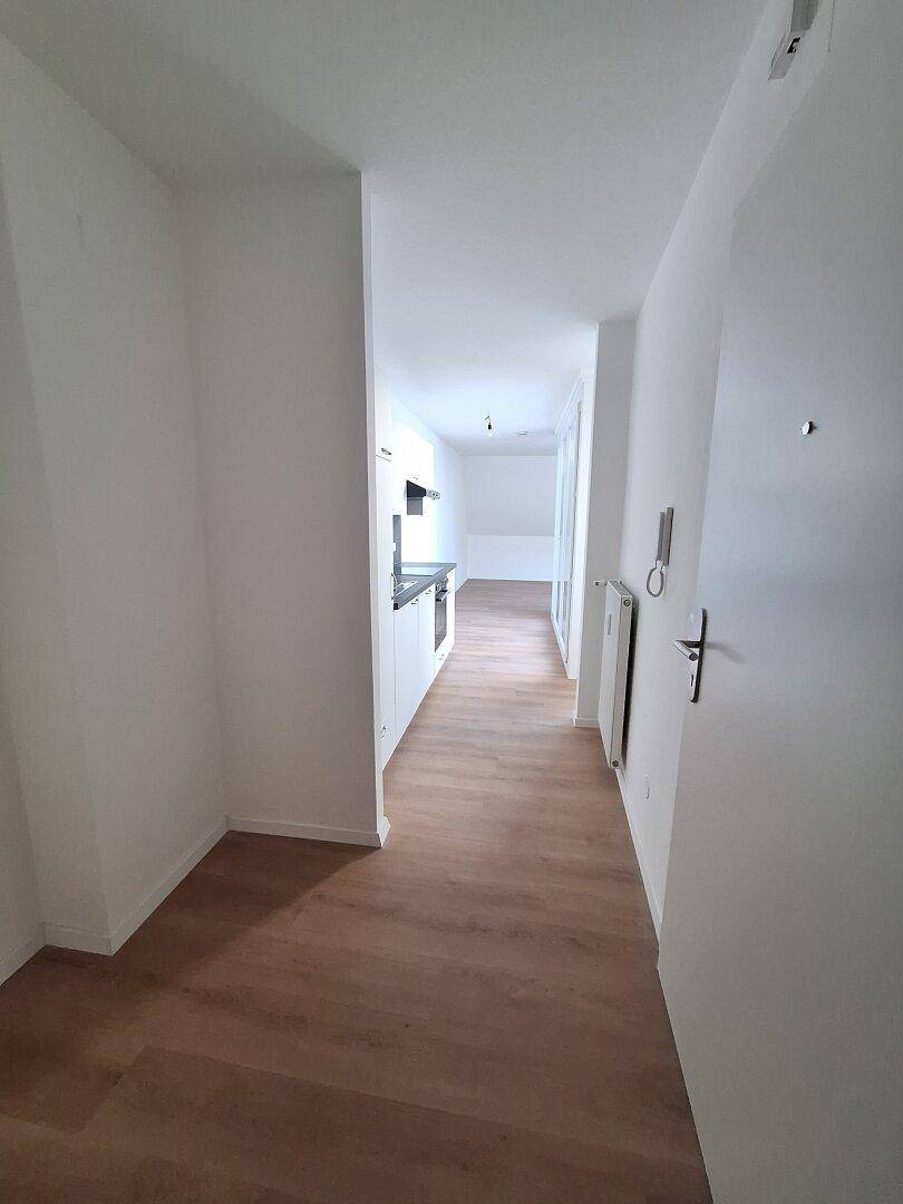 Heller Flur mit Laminatboden, weißen Wänden und Blick in den Wohnbereich.
