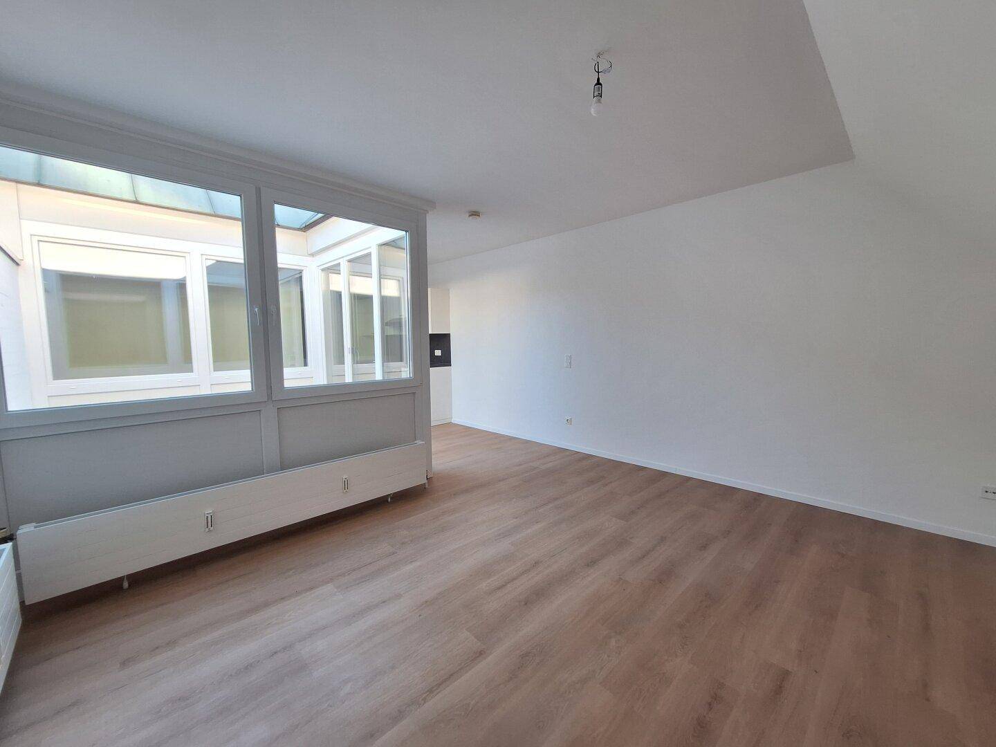 Geräumiger Wohnbereich mit Laminatboden, weißen Wänden und einer Glasabtrennung zum Atrium.