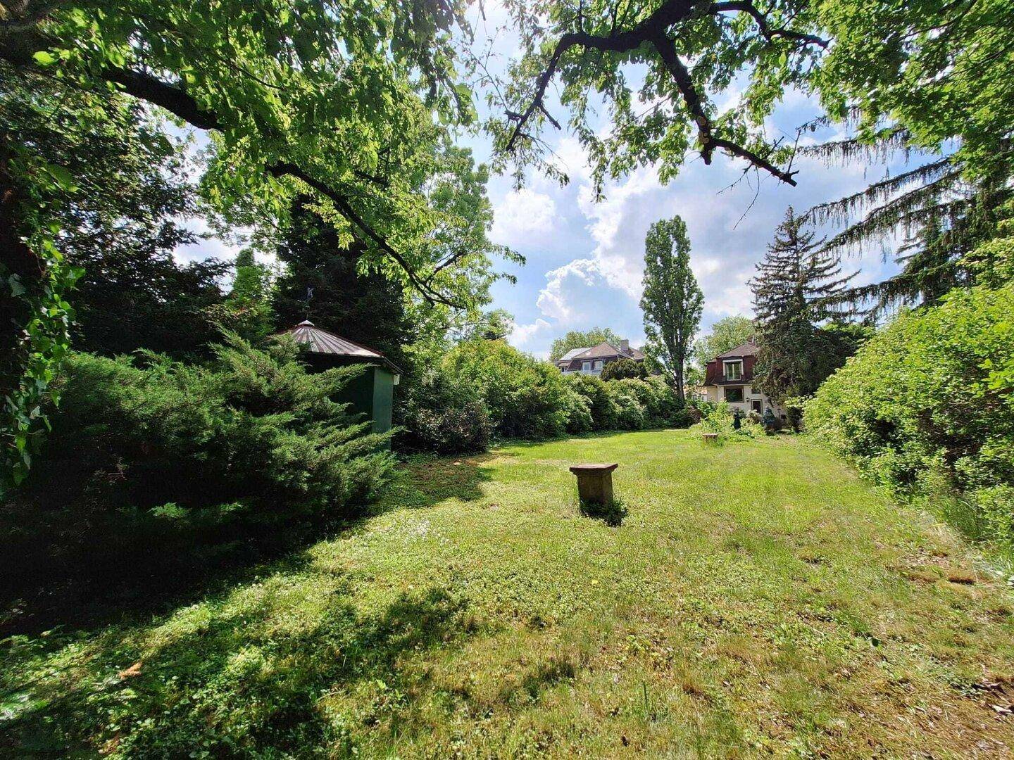 Sonniger Gartenbereich mit Rasen, altem Baumbestand und einem kleinen Gartenhaus im Hintergrund.