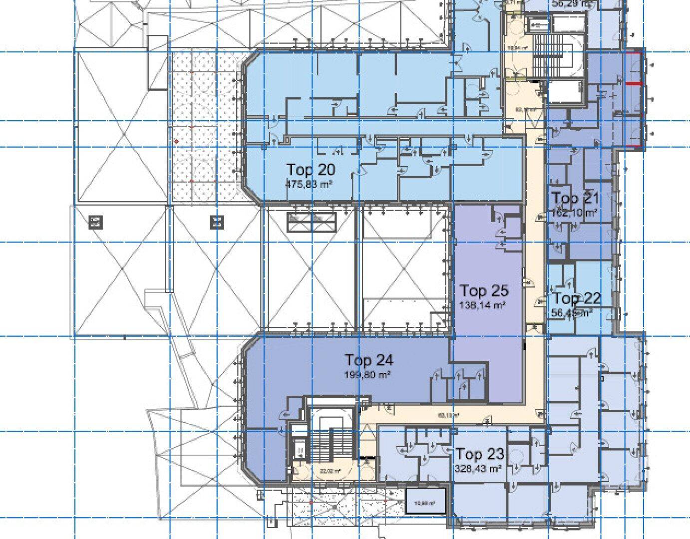 Detaillierter Grundrissplan mit verschiedenen Wohneinheiten und deren Flächenangaben.