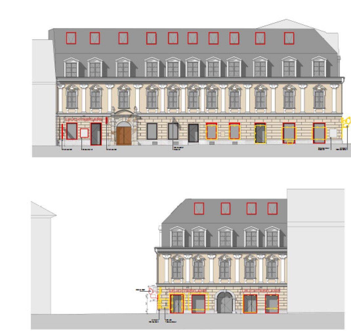 Architektonische Zeichnung einer mehrstöckigen Fassade im klassischen Stil mit großen Fenstern und Dachgauben.