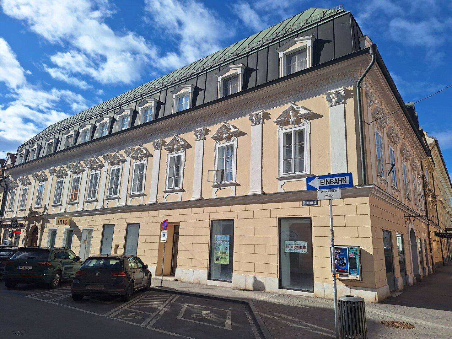 Historisches Gebäude mit einer detailreichen Fassade, vielen Fenstern und einem Mansarddach unter blauem Himmel.