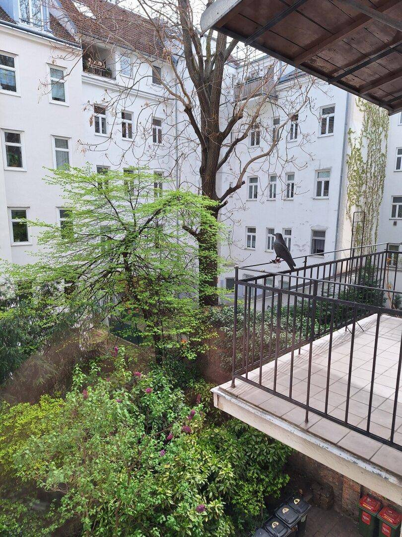 Balkon mit Blick auf den grünen Innenhof und die umliegenden Gebäude.