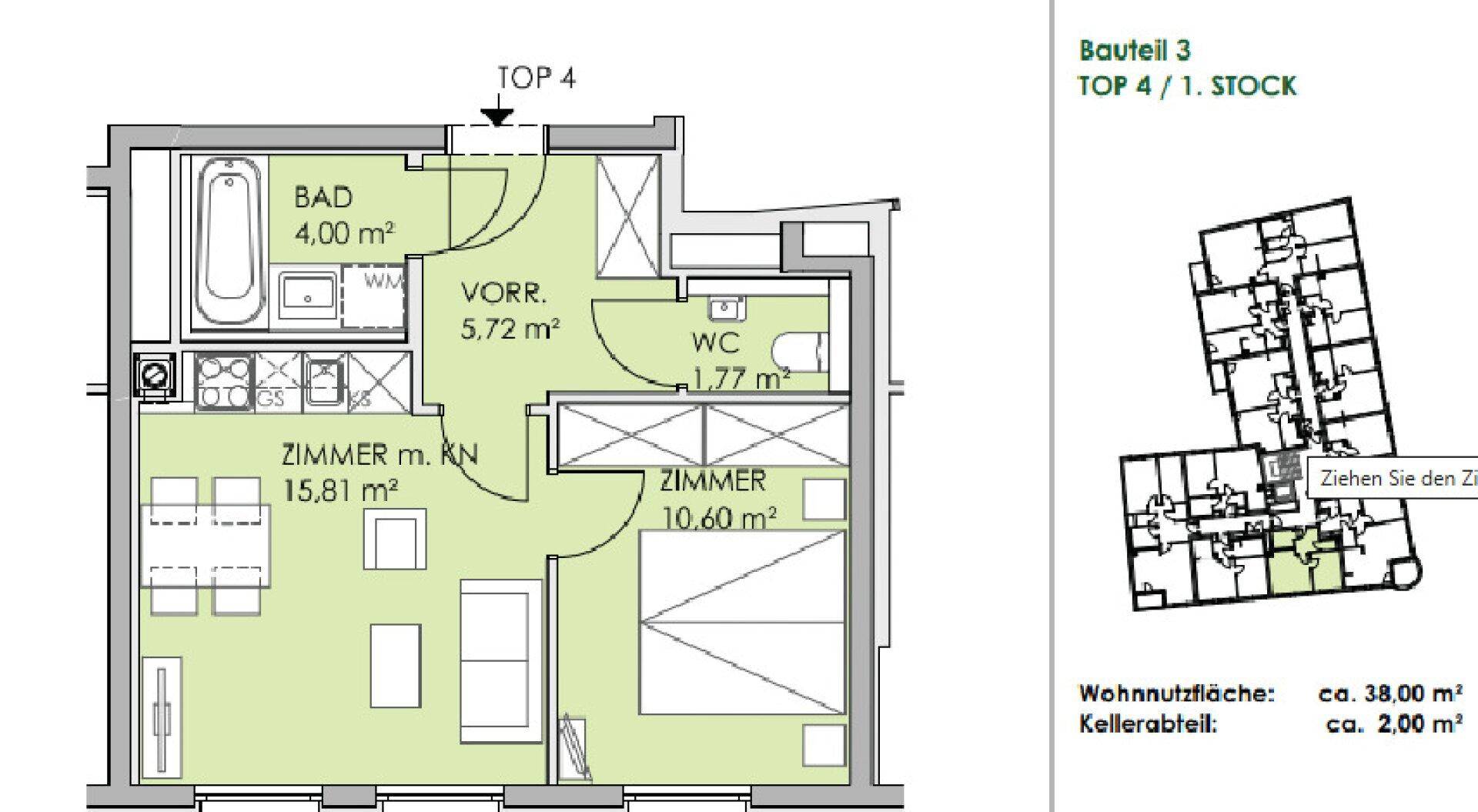 Grundriss der Wohnung Top 4 im ersten Stock mit 38 m² Wohnfläche.