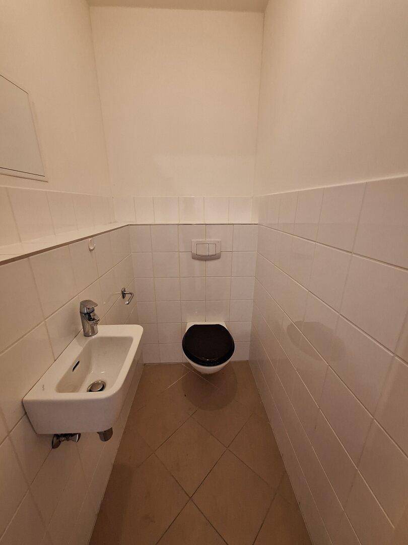 Separates WC mit kleinem Handwaschbecken und Wandfliesen.