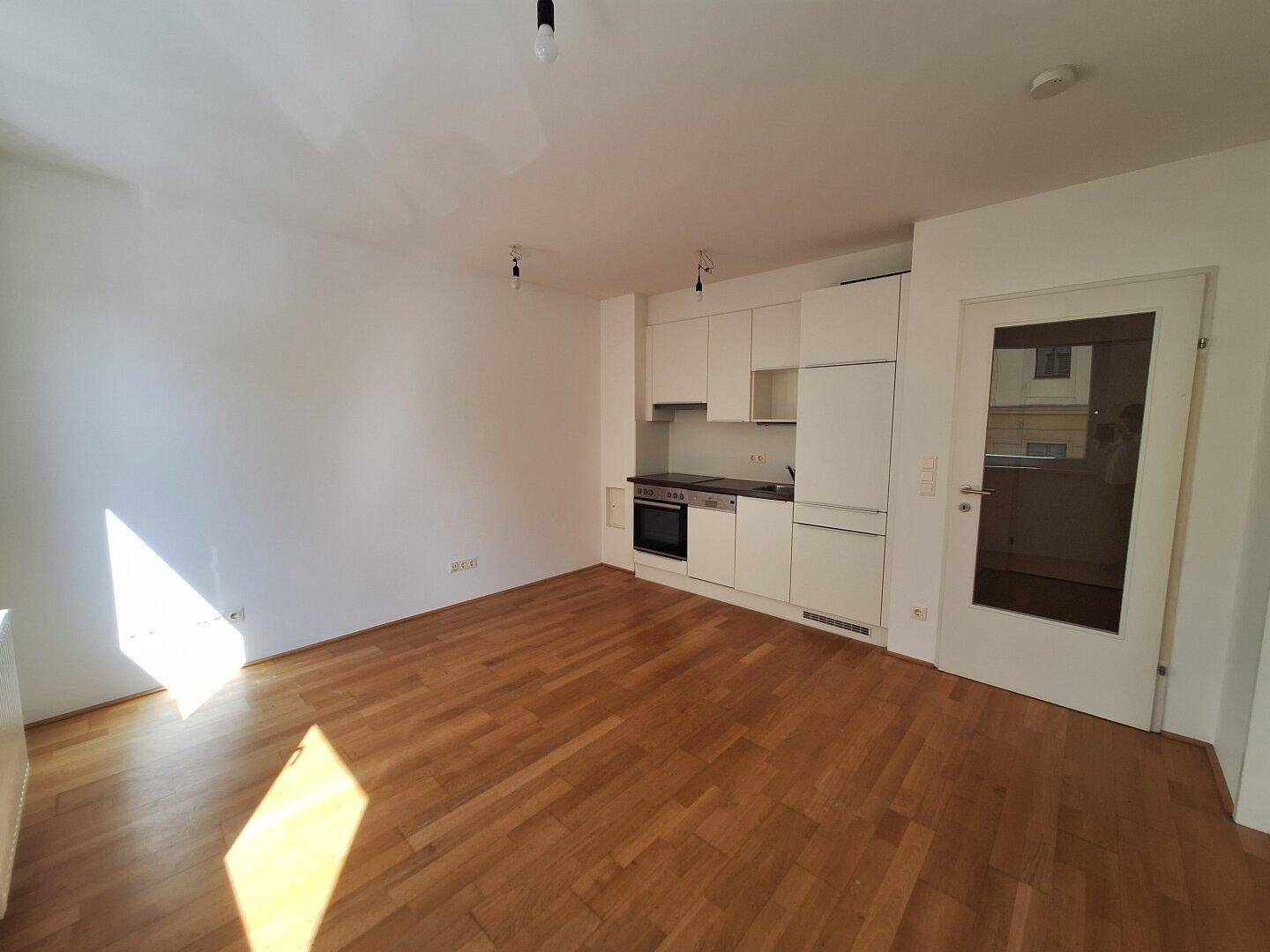 Offener Wohnbereich mit integrierter Küchenzeile, Parkettboden und viel Sonnenlicht.