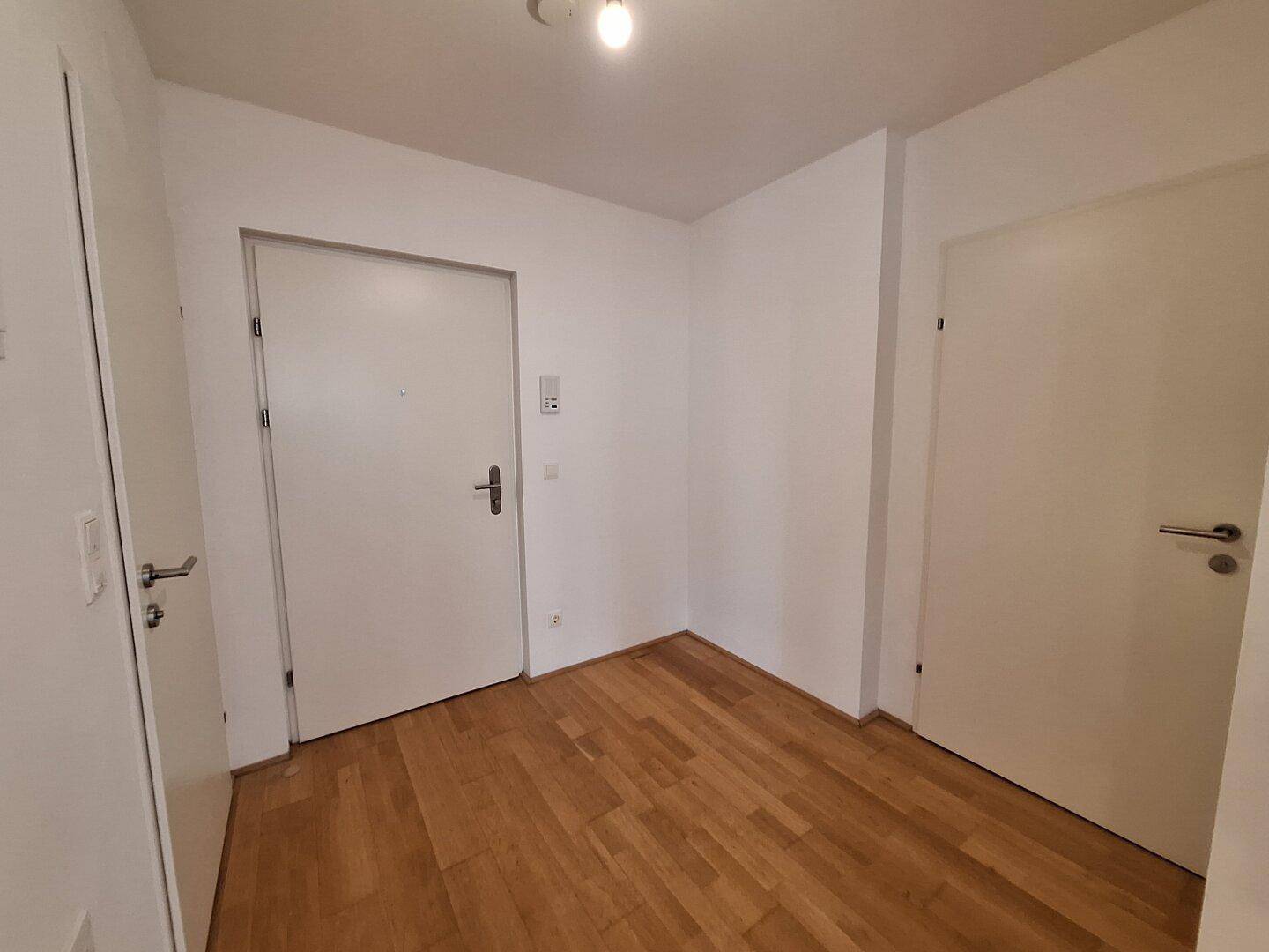 Heller Flur mit Parkettboden und mehreren Türen zu den angrenzenden Räumen.
