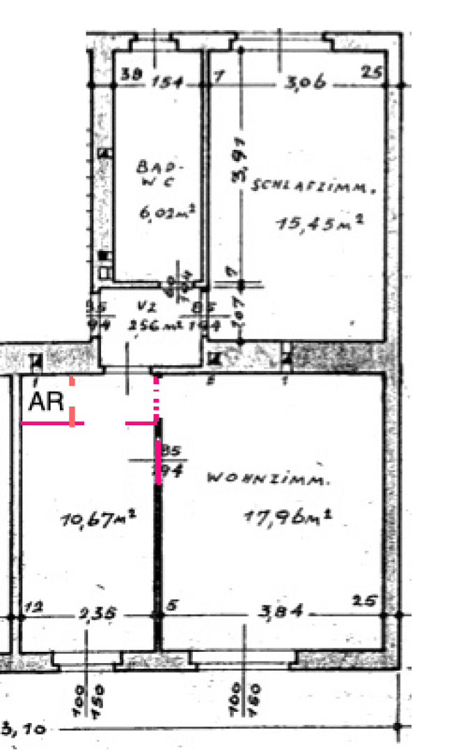 Grundriss zeigt die Aufteilung der Wohnung mit Schlafzimmer, Bad und Wohnzimmer.