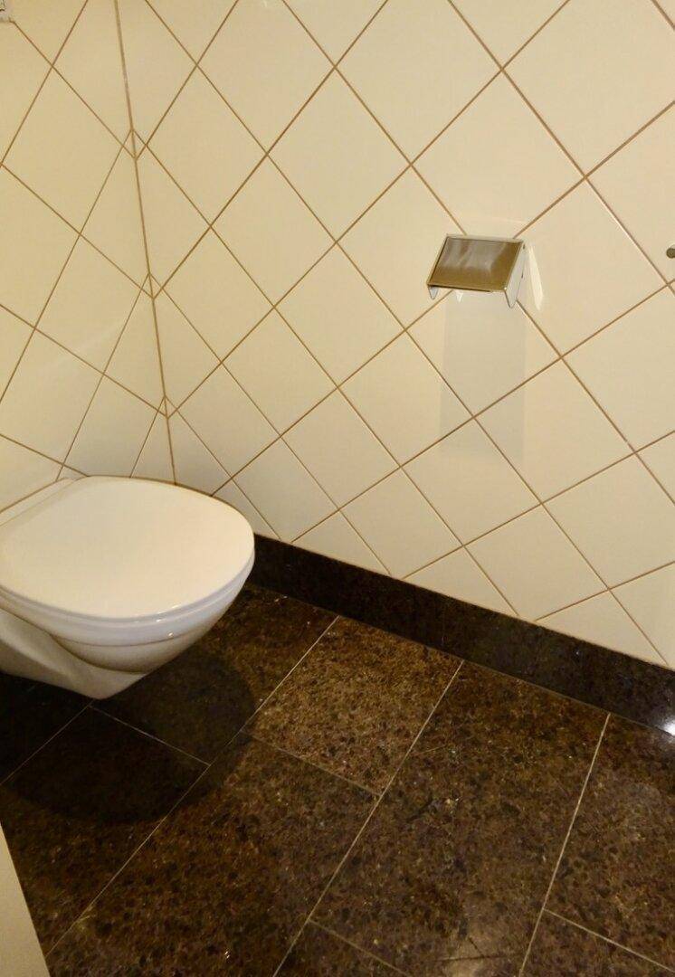 Kleines Gäste-WC mit Wand-WC und diagonal verlegten Fliesen.