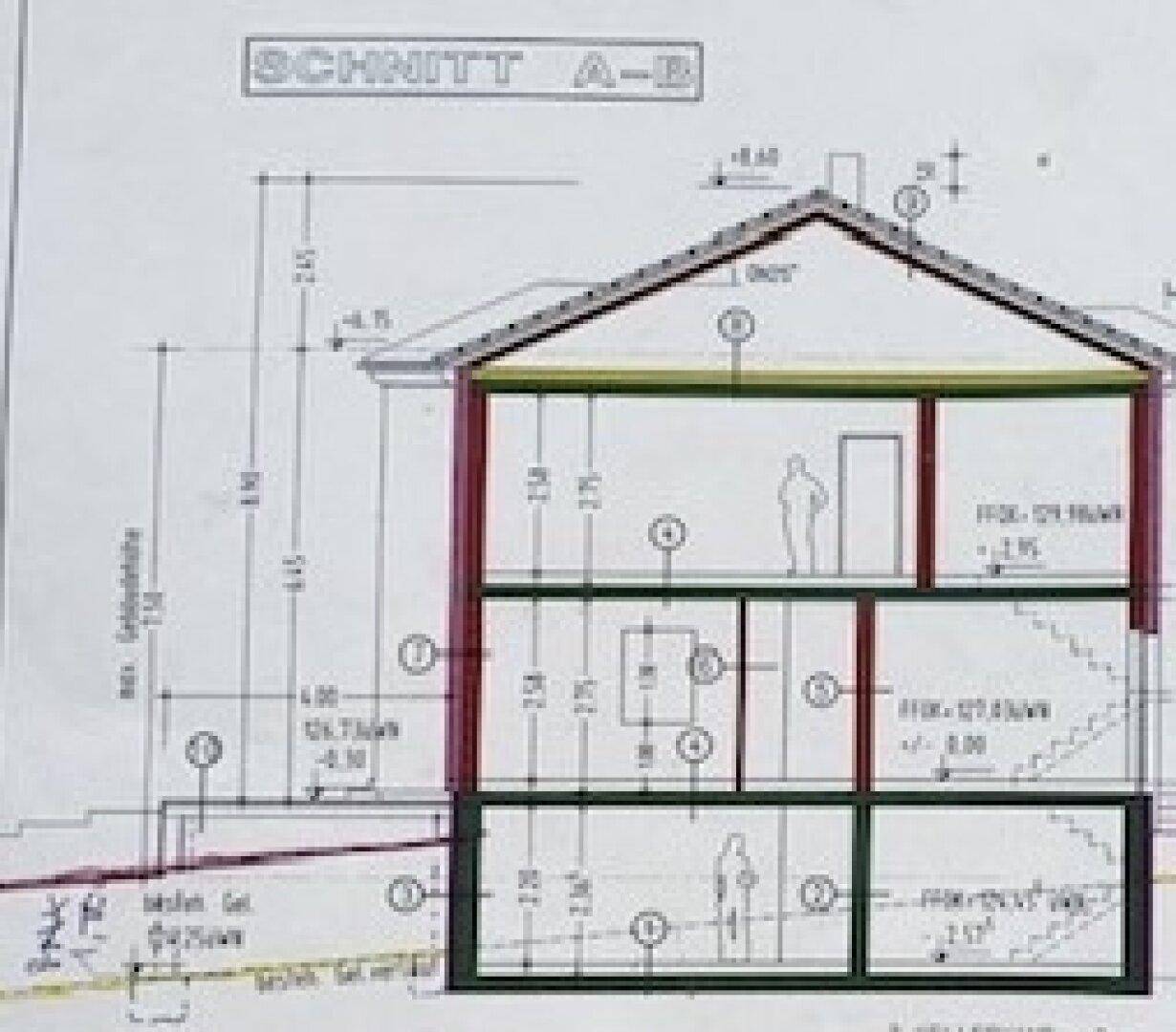 Architektonischer Schnitt des Hauses zeigt die Aufteilung über drei Etagen.