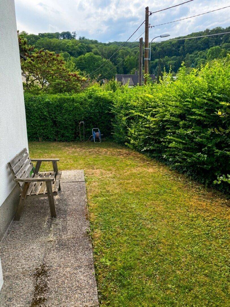 Kleiner Rasenbereich mit einer Holzbank und einer Hecke im Hintergrund.