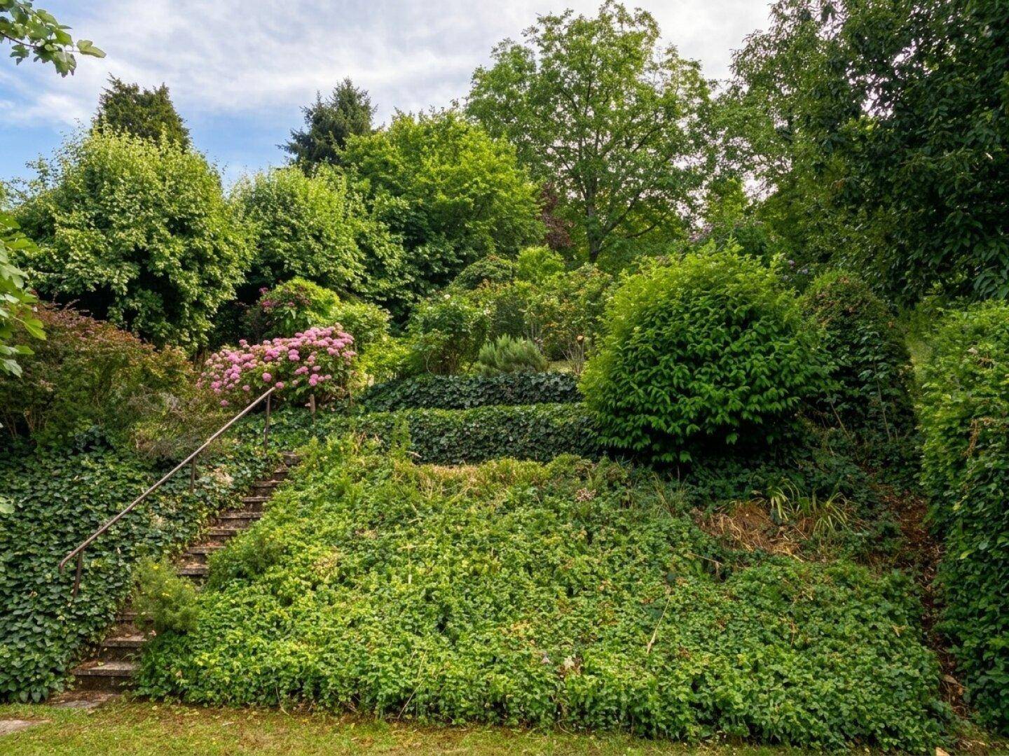 Üppiger, terrassierter Garten mit vielfältiger Bepflanzung und einem kleinen Pfad.