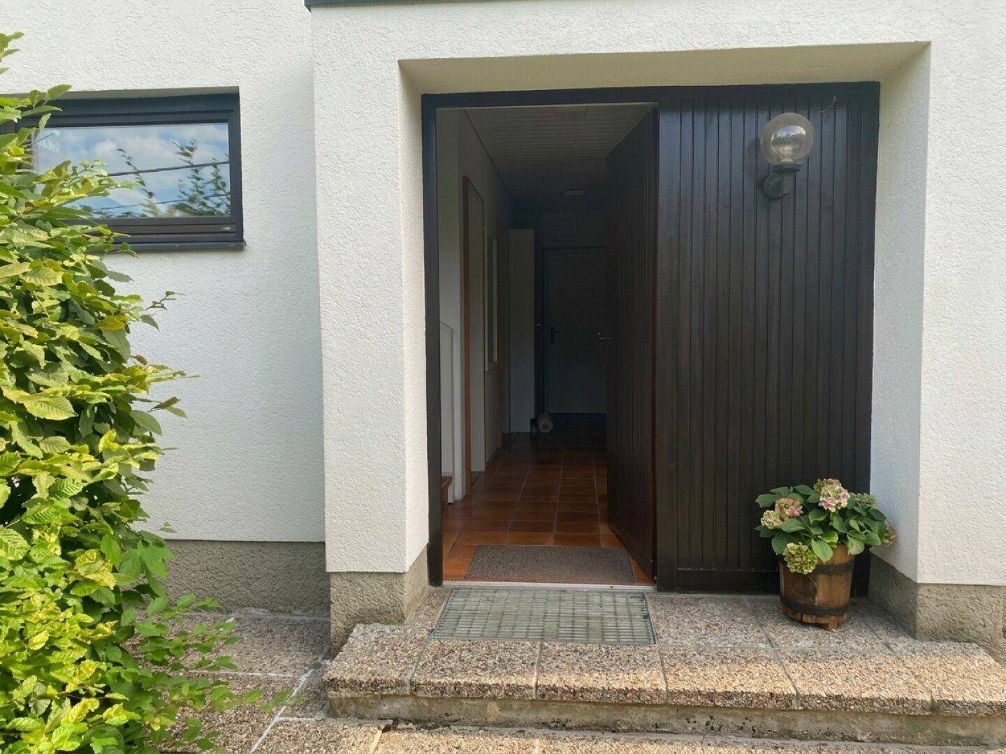 Hauseingang mit dunkler Holztür, einer kleinen Stufe und einer Topfpflanze.