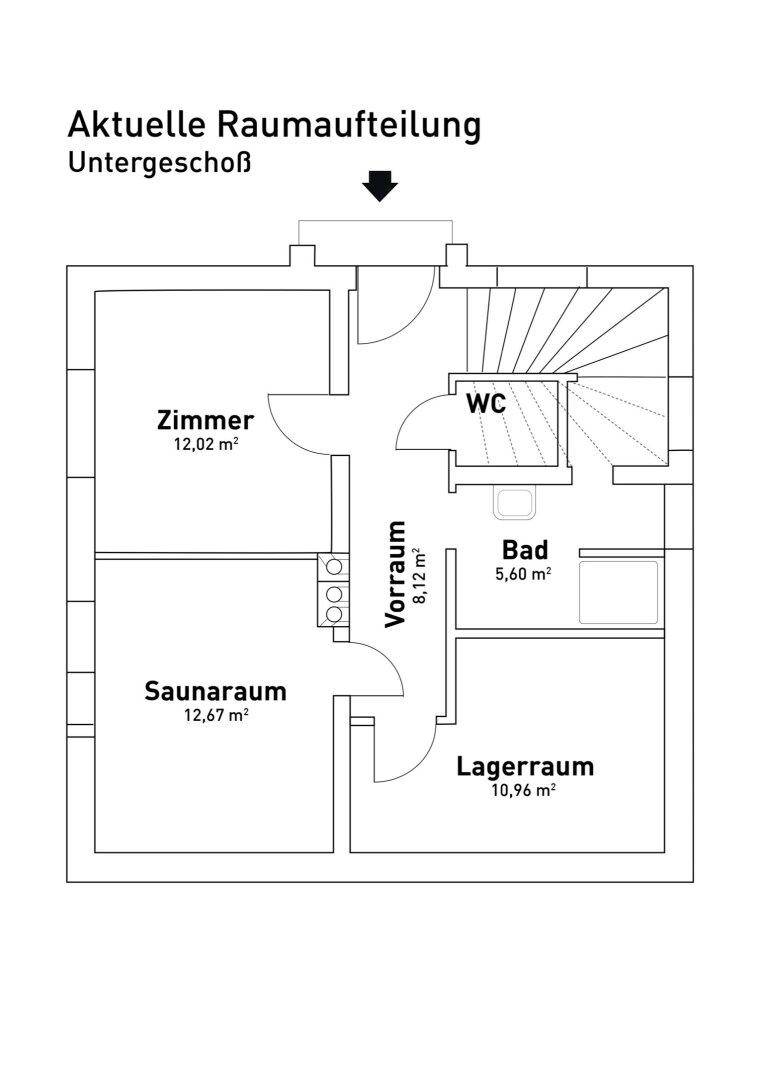 Grundriss des Untergeschosses mit Zimmern, Bad, WC, Saunaraum und Lagerraum.