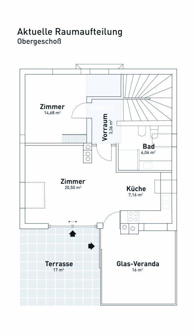 Grundriss des Obergeschosses mit Zimmern, Bad, Küche, Terrasse und Glas-Veranda.