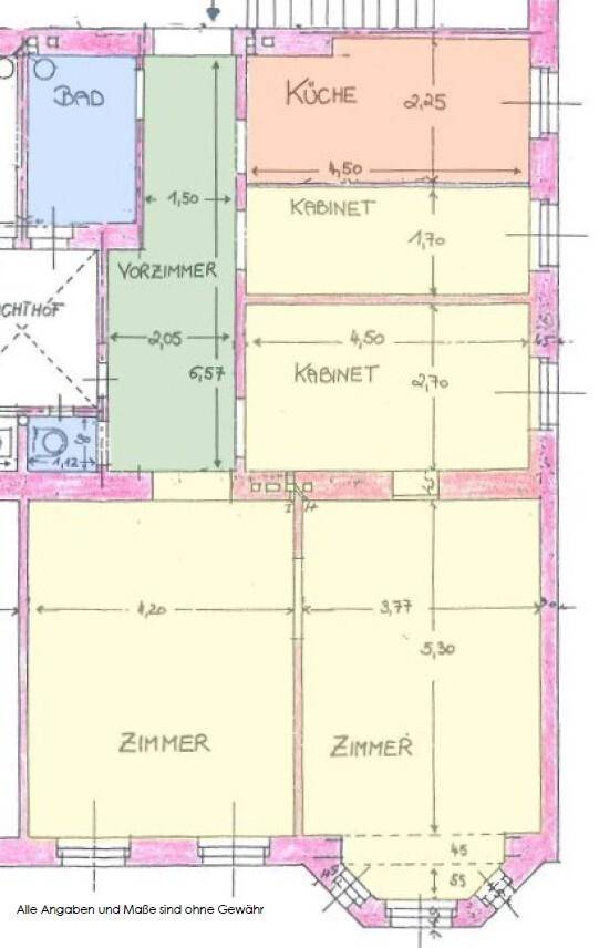 Detaillierter Grundriss einer Wohnung mit Küche, Bad, Vorzimmer und mehreren Zimmern.