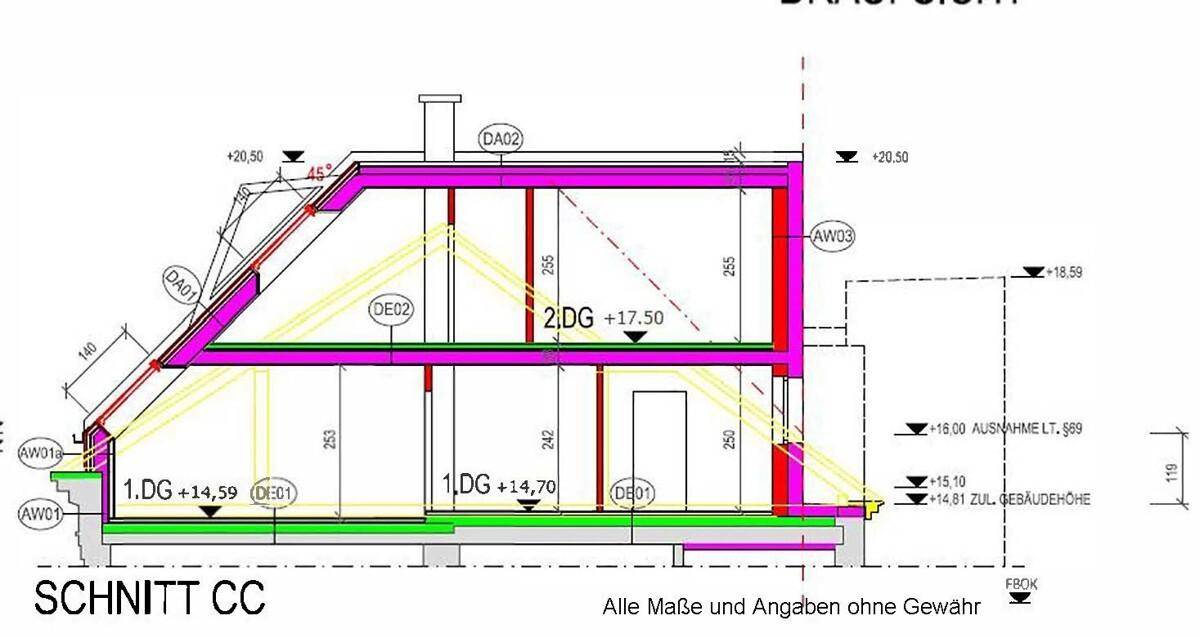 Architektonischer Schnitt durch das Gebäude zeigt die Dachkonstruktion und Geschosshöhen.