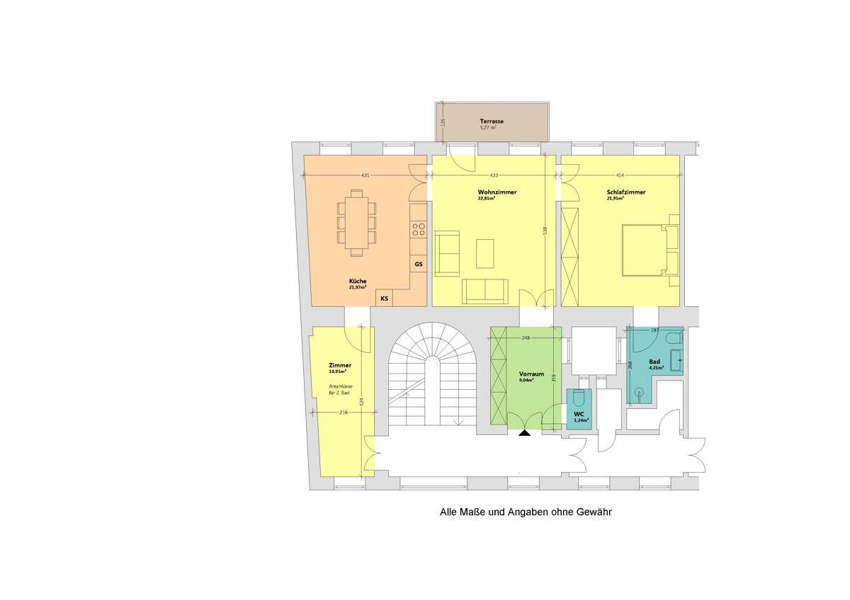 Detaillierter Grundriss einer Wohnung mit Terrasse, Küche, Wohn- und Schlafzimmer.