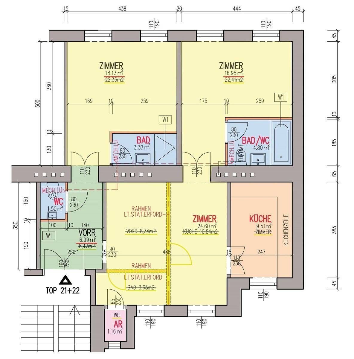 Detaillierter Grundriss der Wohnung mit Zimmern, Bädern und Küche.