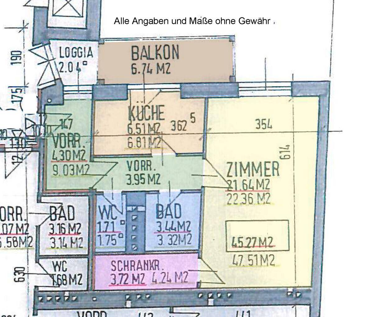 Detaillierter Grundriss mit Zimmern, Bädern, Küche, Balkon und Loggia.