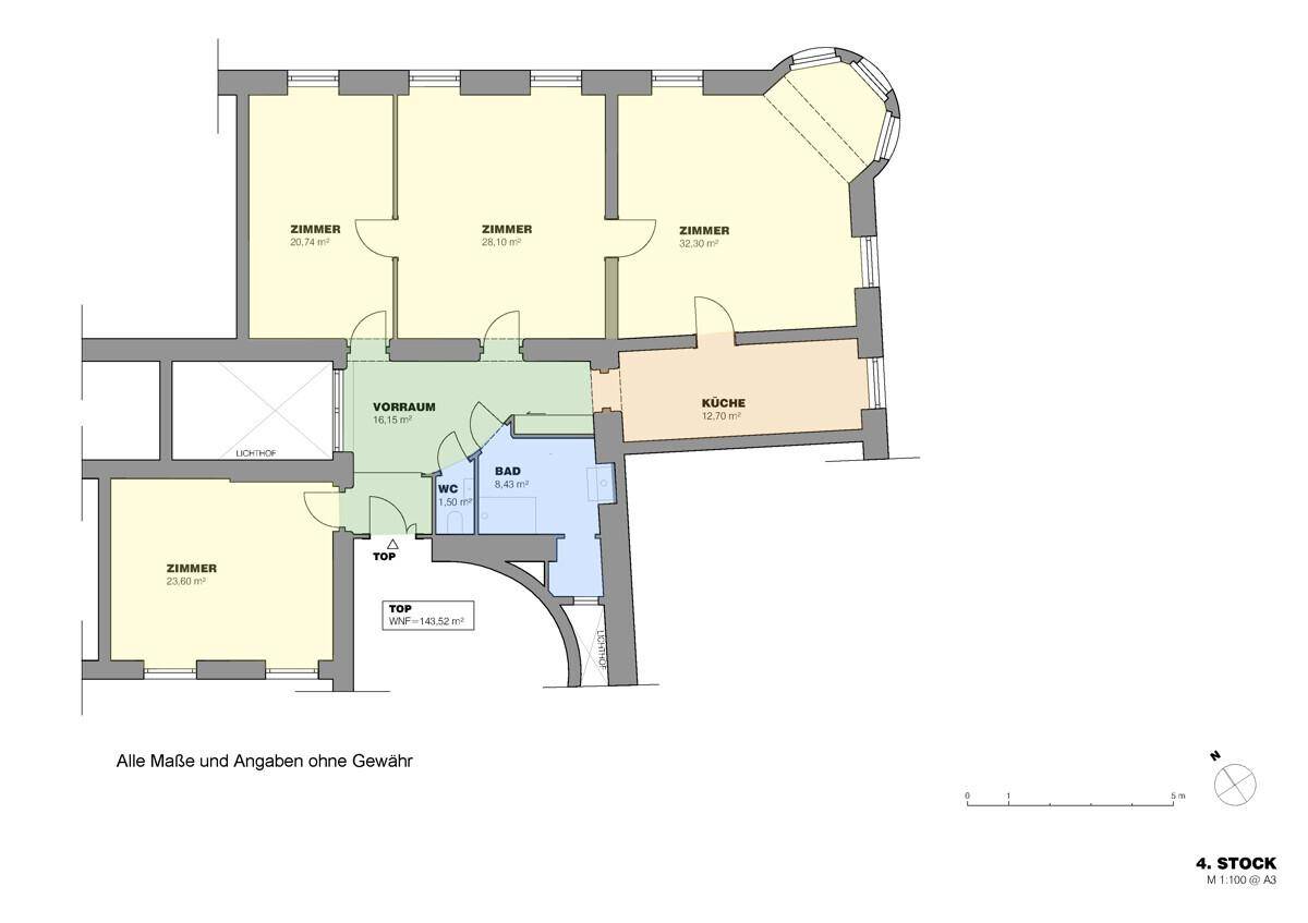 Detaillierter Grundriss der Wohnung mit vier Zimmern, Küche, Bad und separatem WC.