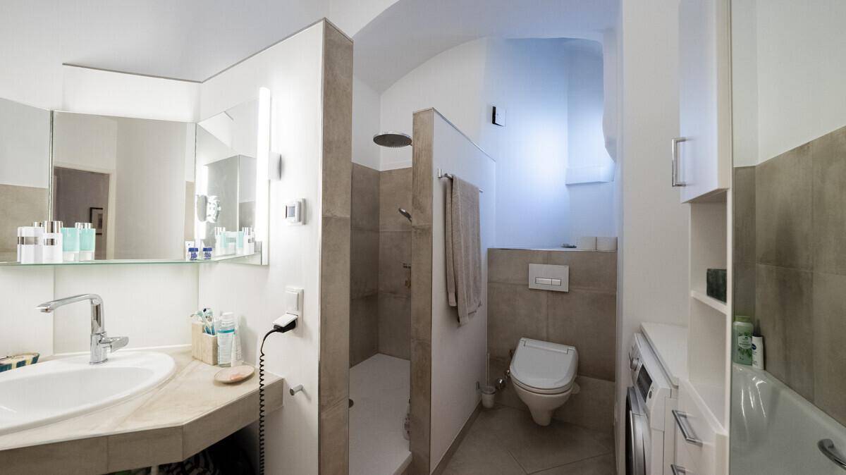 Modernes Badezimmer mit begehbarer Dusche, Wand-WC und Waschbecken mit Spiegelschrank.