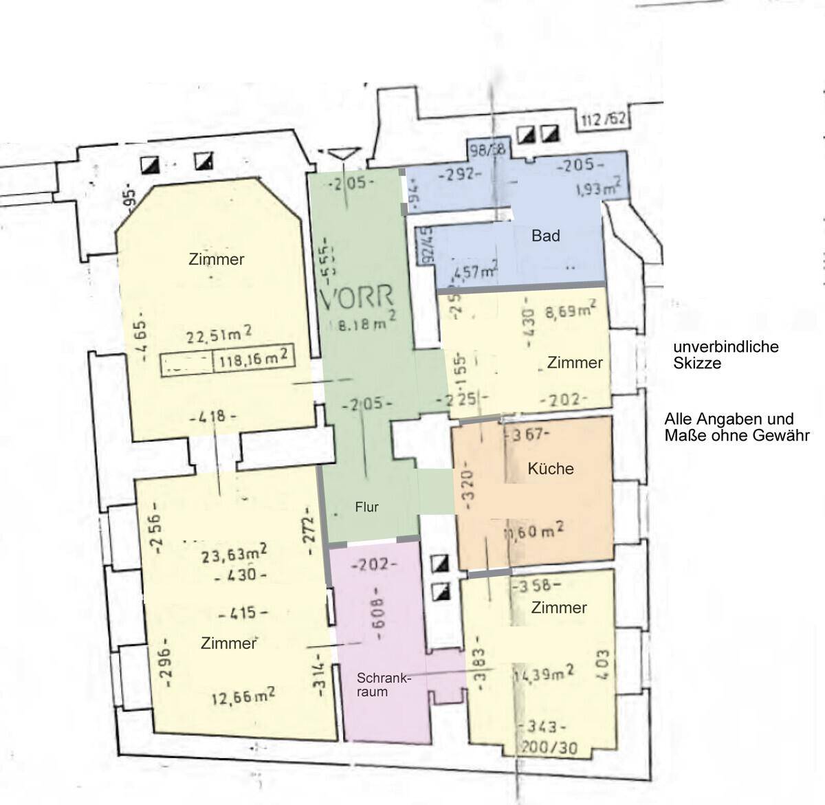 Grundrissplan einer Wohnung mit mehreren Zimmern und Bad, inklusive Flächenangaben.