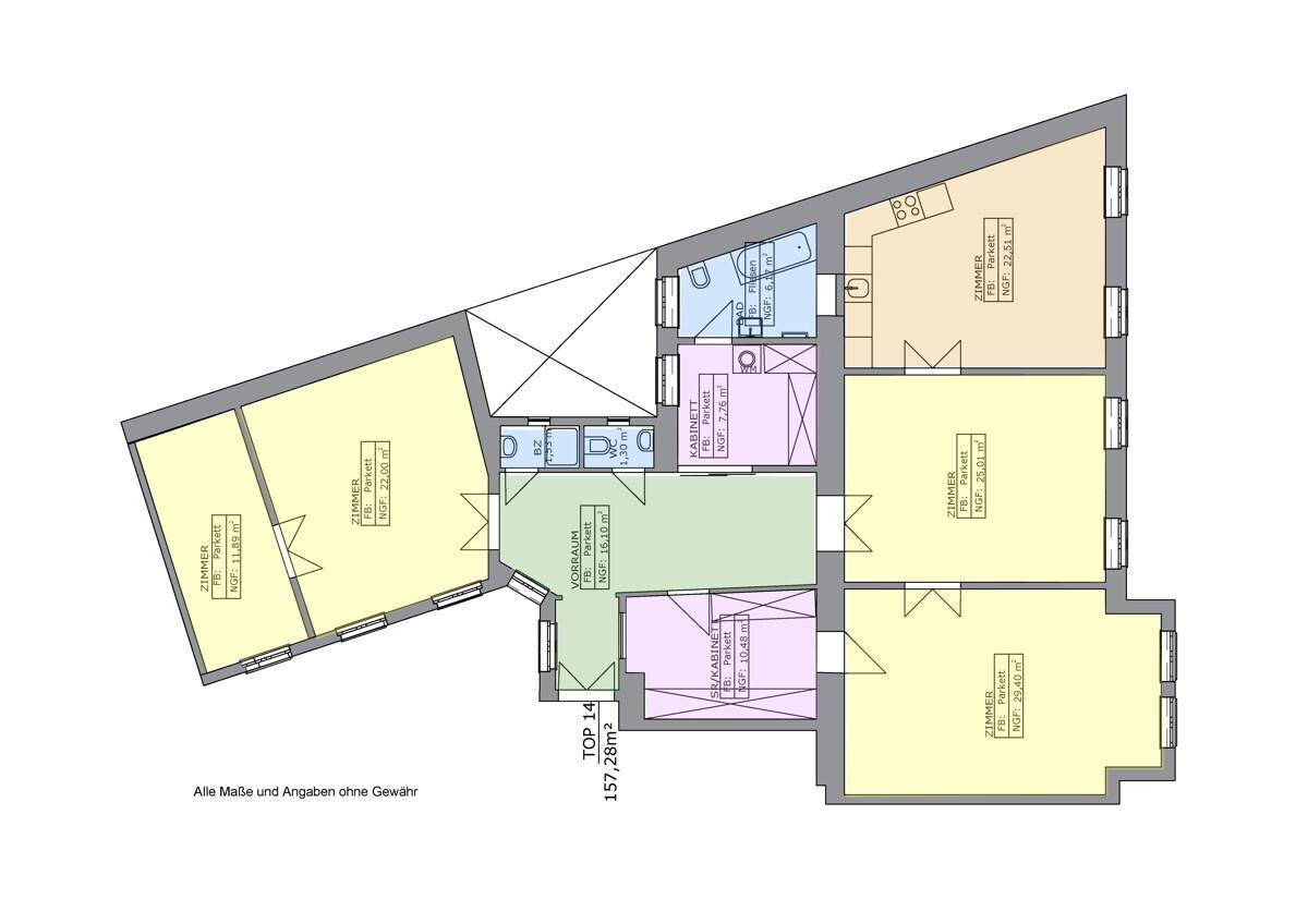 Detaillierter Grundriss der Wohnung mit mehreren Zimmern und Bädern.