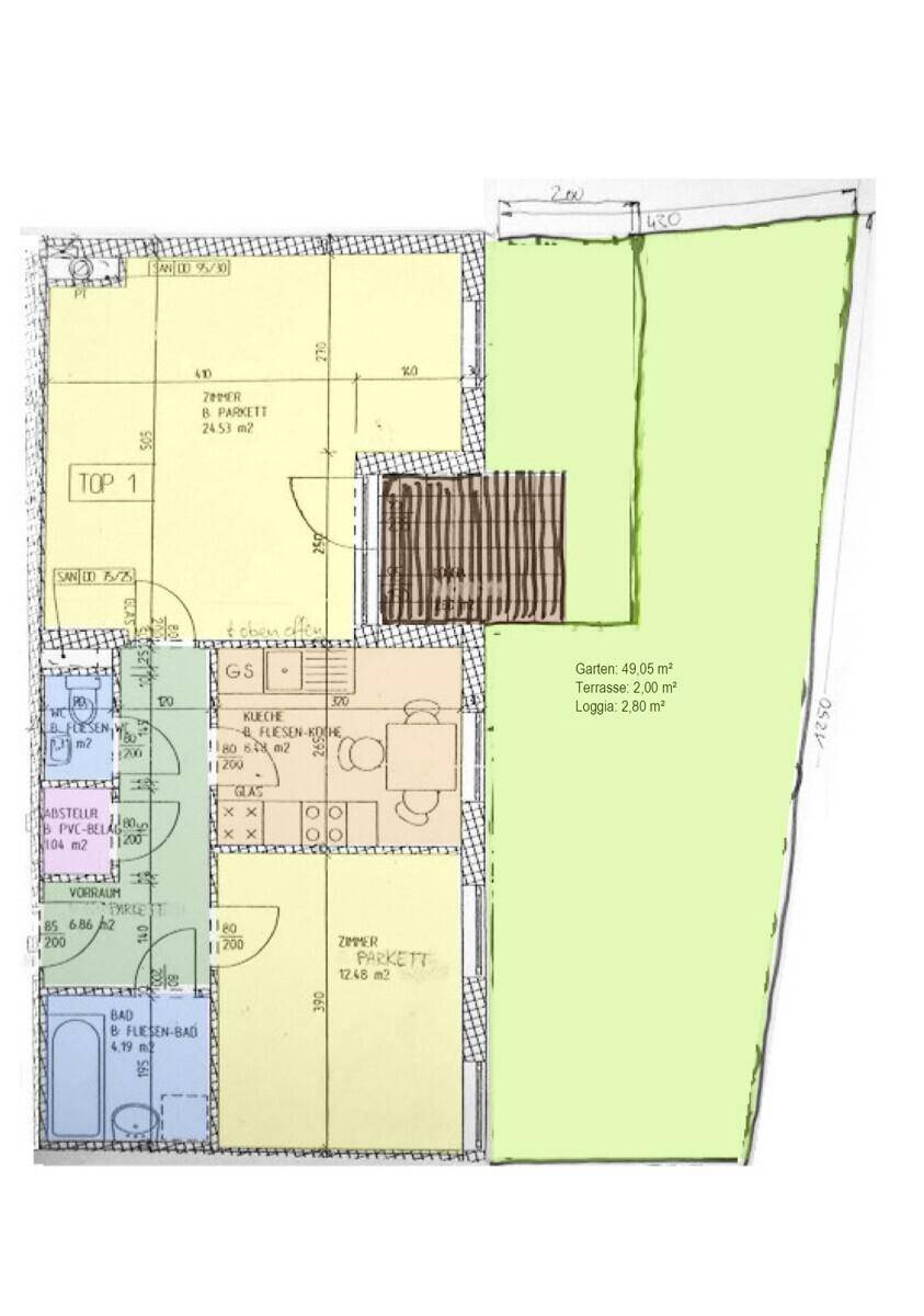 Detaillierter Grundriss der Wohnung mit Garten, Terrasse und Loggia, inklusive Raumaufteilung.