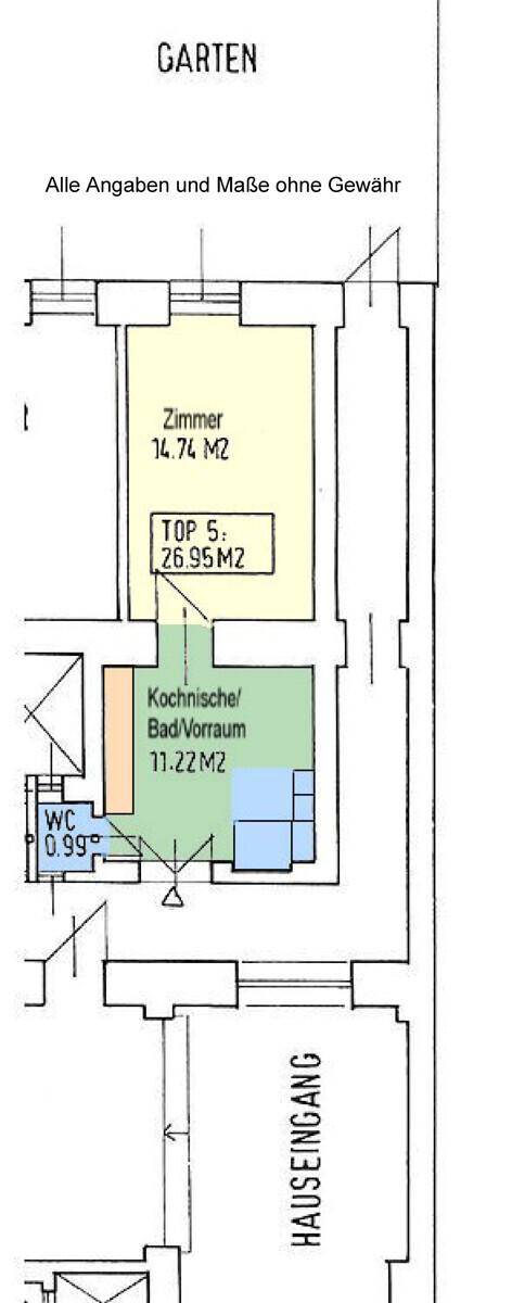 Grundriss einer Wohnung mit Kochnische, Bad und Zimmer, angrenzend an einen Gartenbereich.
