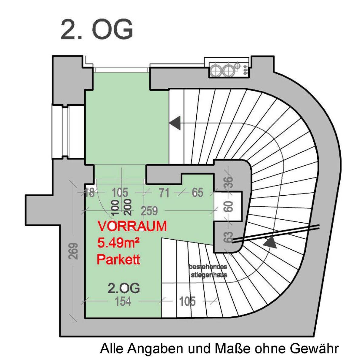 Grundriss des 2. Obergeschosses mit Vorraum und Treppenhaus, zeigt die Raumaufteilung.