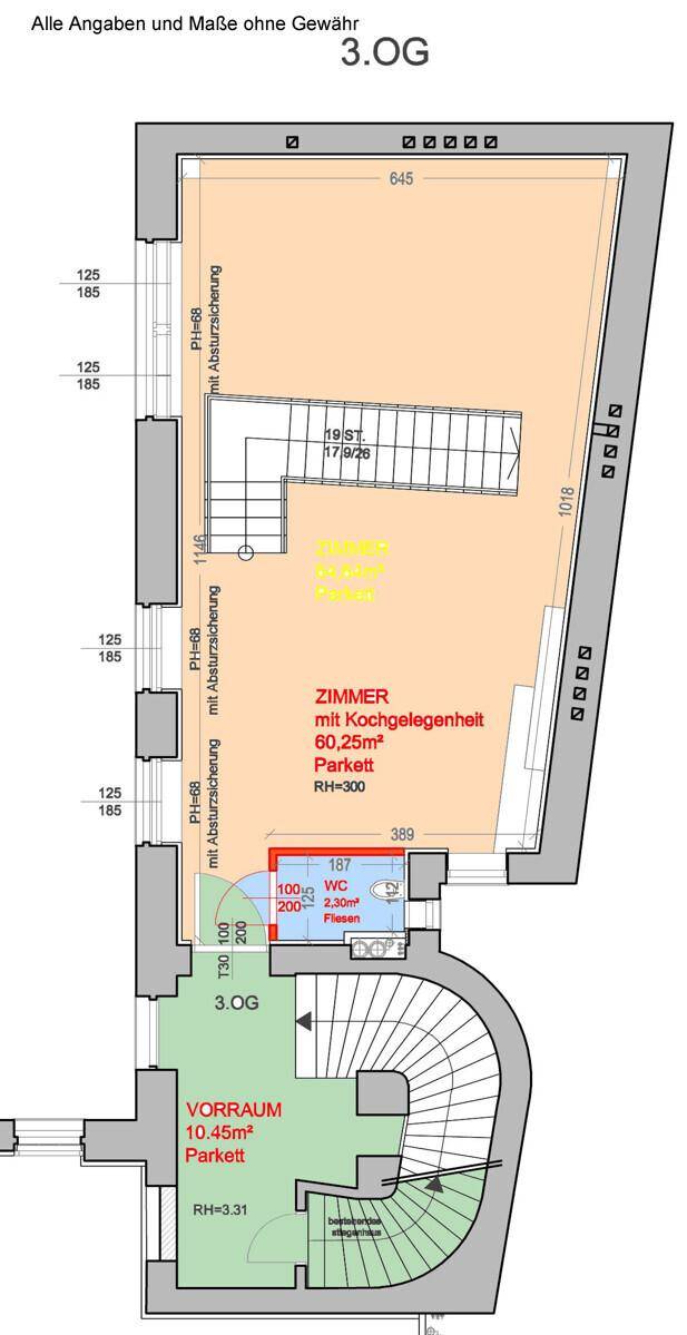 Grundriss des 3. Obergeschosses mit Zimmer, Kochgelegenheit und WC, inklusive Treppenhaus.