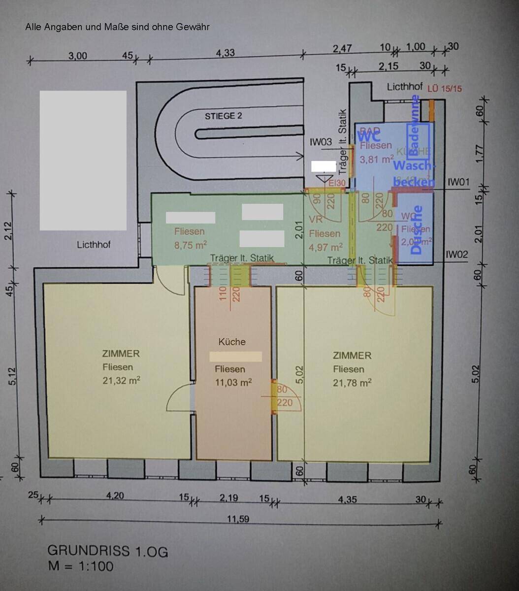 Grundriss des ersten Obergeschosses mit Zimmern, Küche und Bad, inklusive Flächenangaben.