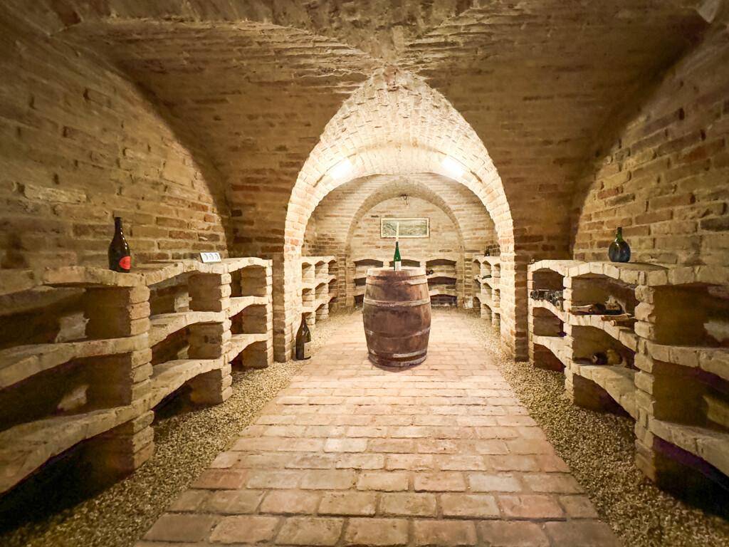 Historischer Weinkeller mit Ziegelgewölbe, Holzfässern und Regalen für Weinflaschen.