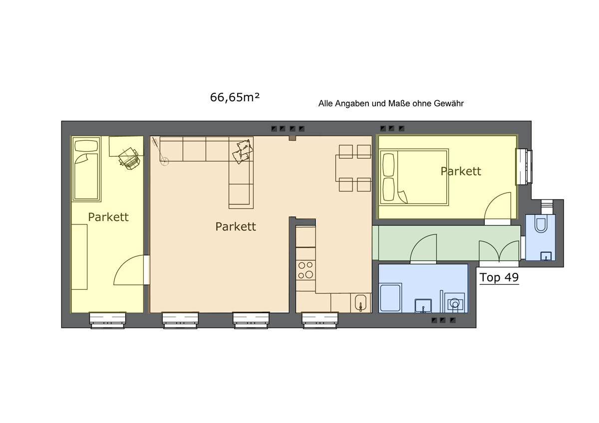 Grundriss einer 66,65m² Wohnung mit zwei Schlafzimmern und offenem Wohnbereich.