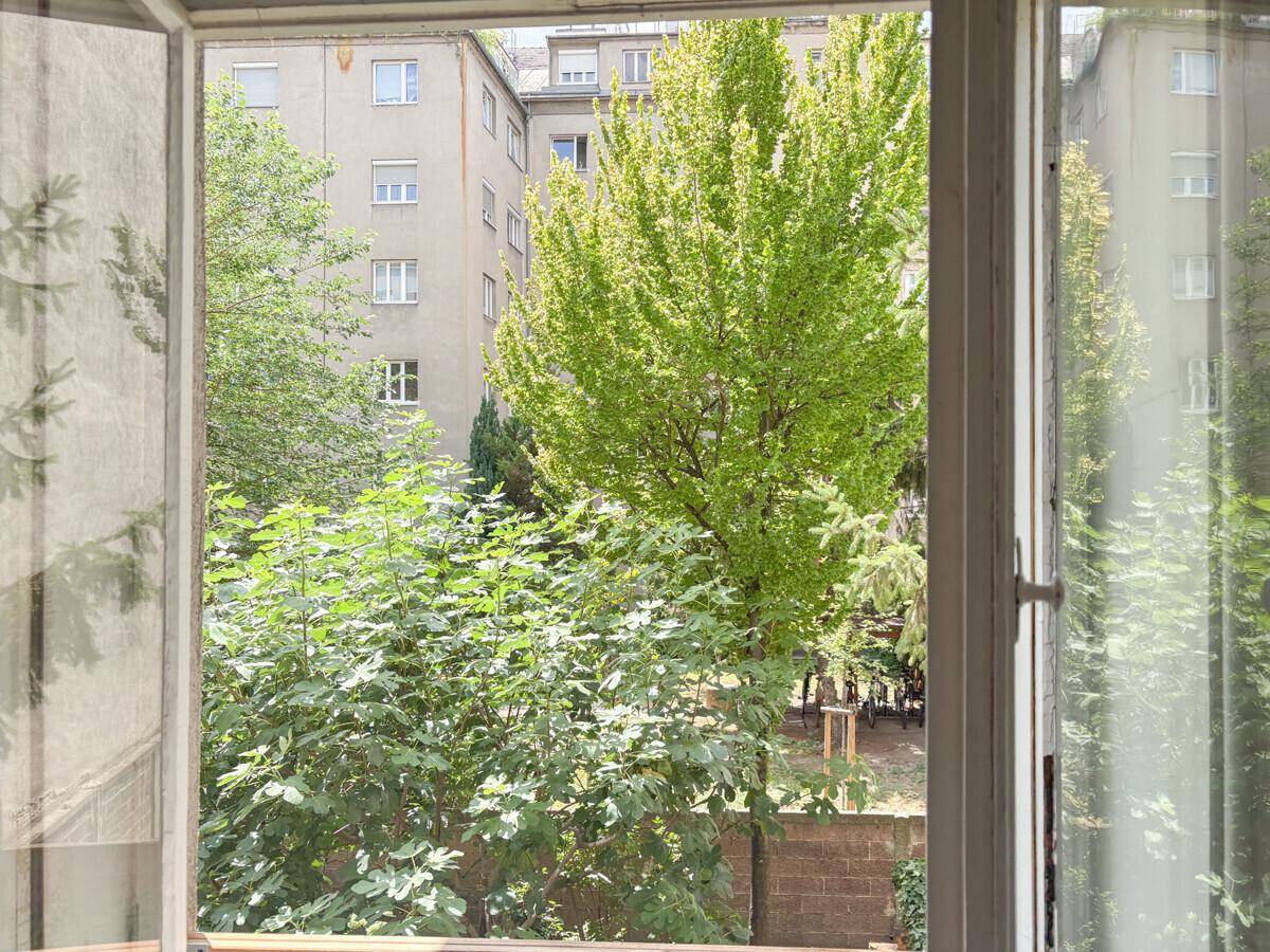 Blick aus einem geöffneten Fenster auf einen grünen Innenhof mit Bäumen und umliegenden Gebäuden.
