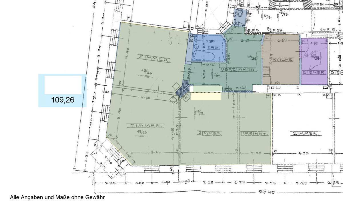 Grundriss einer Wohnung mit mehreren Zimmern, Küche und Bad, Gesamtfläche 109,26 m².
