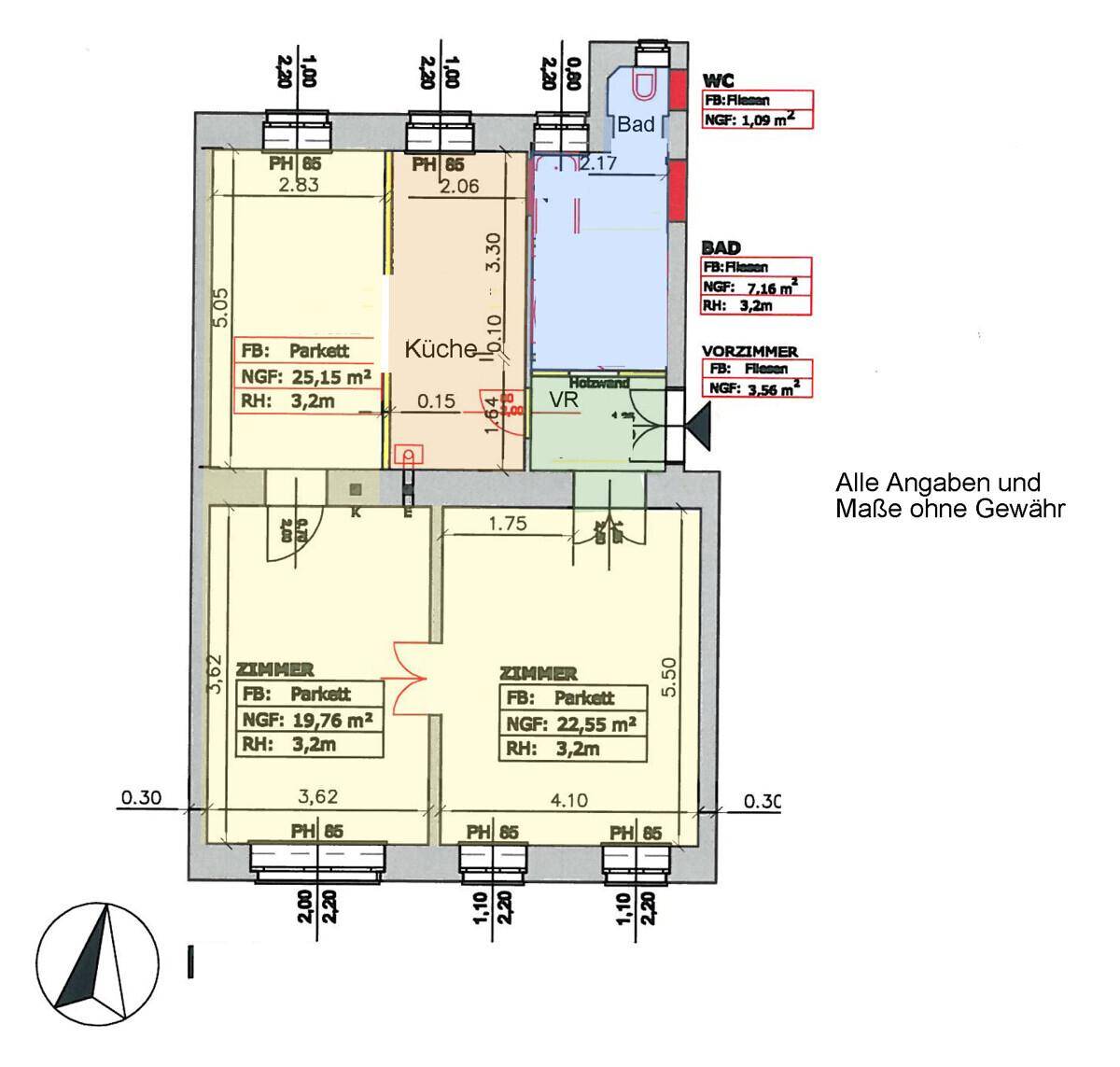 Grundriss einer Wohnung mit drei Zimmern, Küche, Bad und separatem WC.