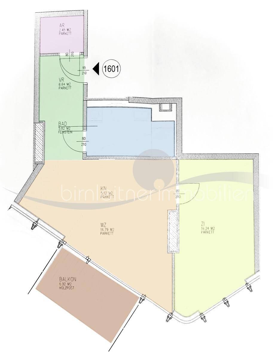 Grundriss einer Wohnung mit Balkon und offenem Wohnbereich, inklusive Flächenangaben.