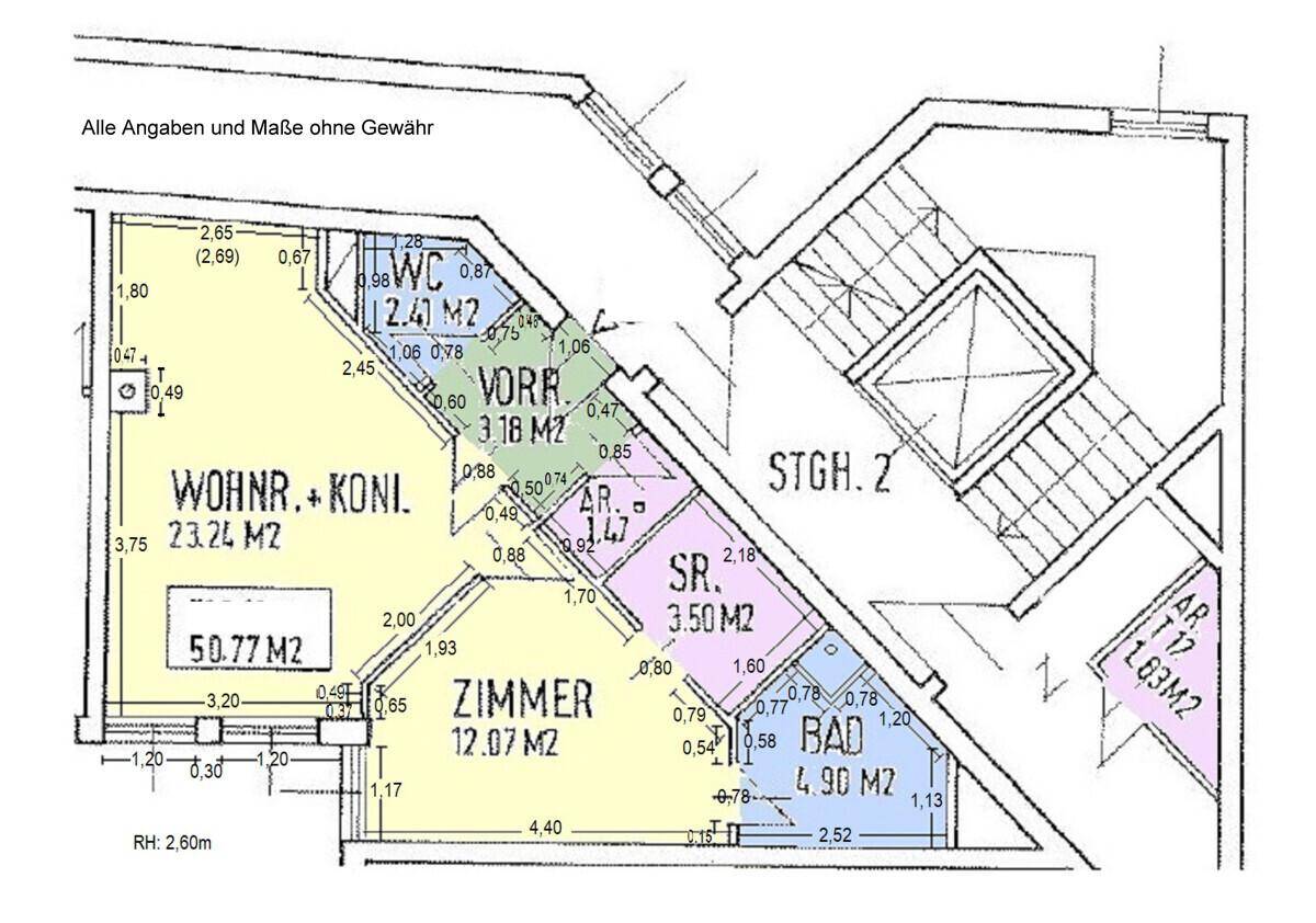 Grundrissplan einer Wohnung mit Wohn- und Schlafzimmer, Bad und separatem WC.