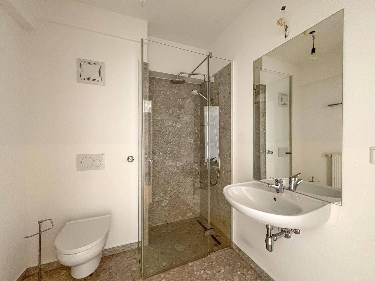 Modernes Badezimmer mit begehbarer Dusche, wandhängendem WC und einem einzelnen Waschbecken.
