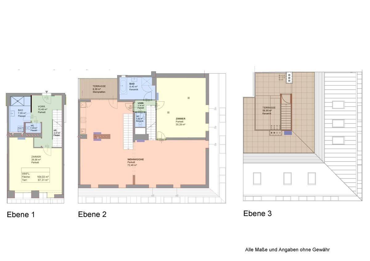 Grundrisspläne zeigen drei Ebenen einer Maisonette-Wohnung mit Terrassen, Bädern und offener Wohnküche.