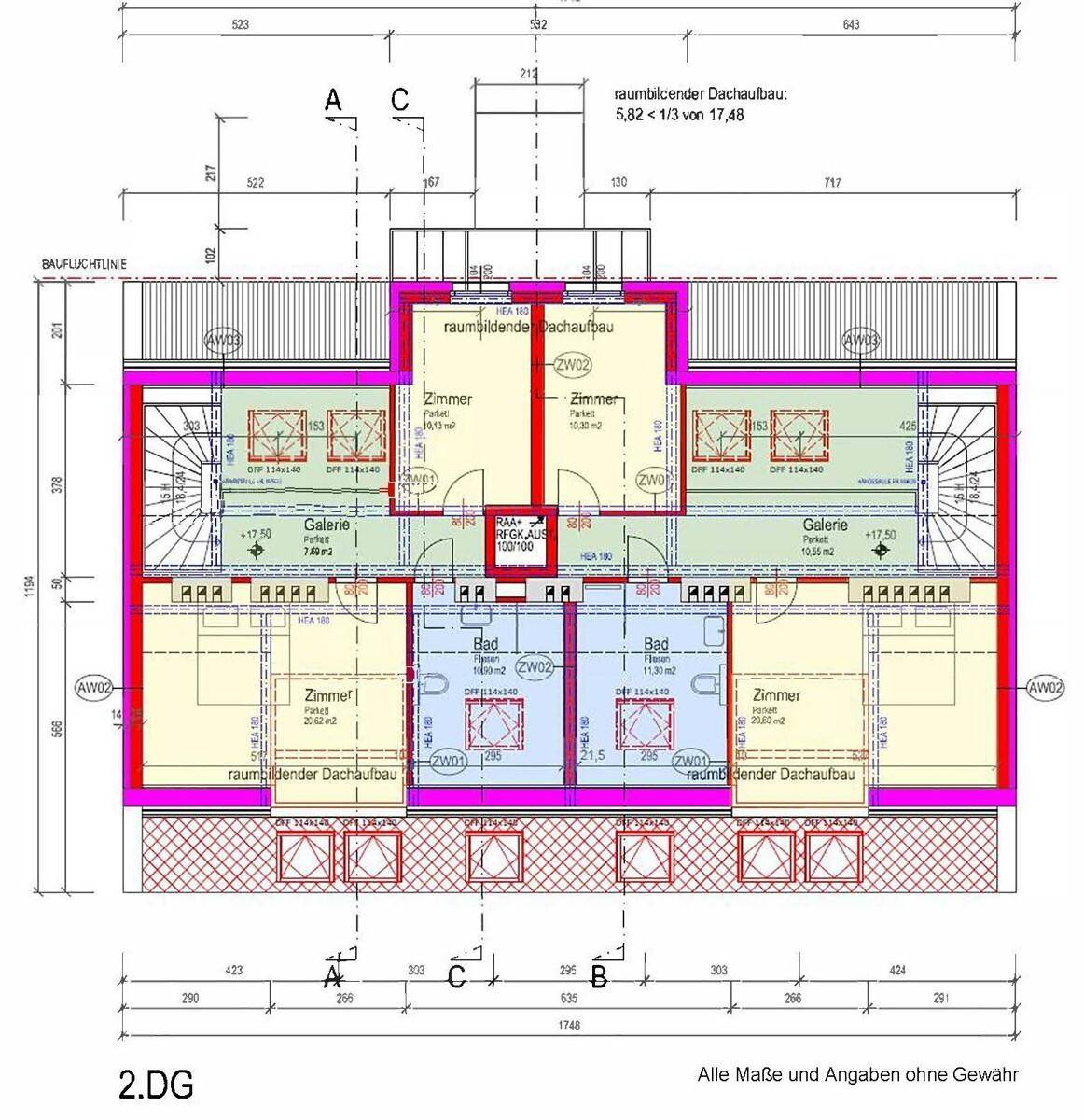 Grundriss des zweiten Dachgeschosses mit zwei Wohnungen, jeweils mit Galerie, Zimmer und Bad.